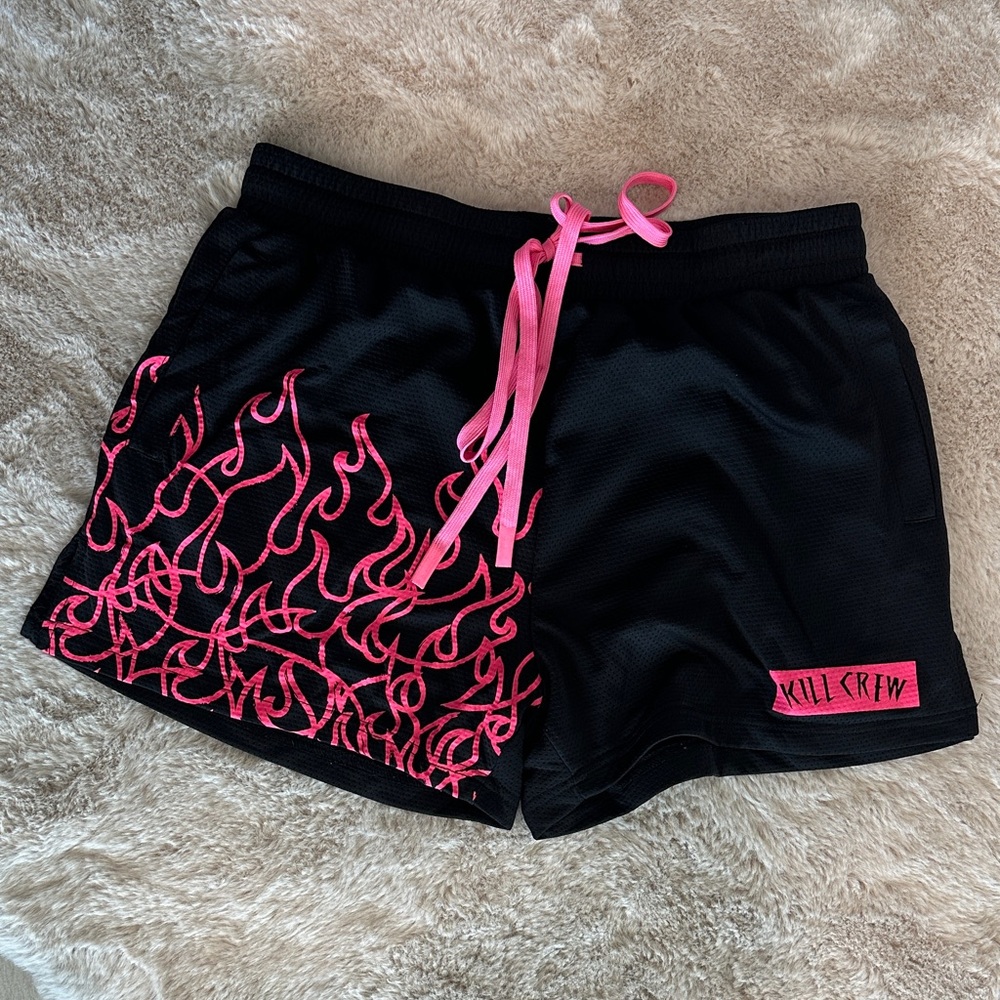 Kill Crew Women's Black Shorts with Pink Flame Design
